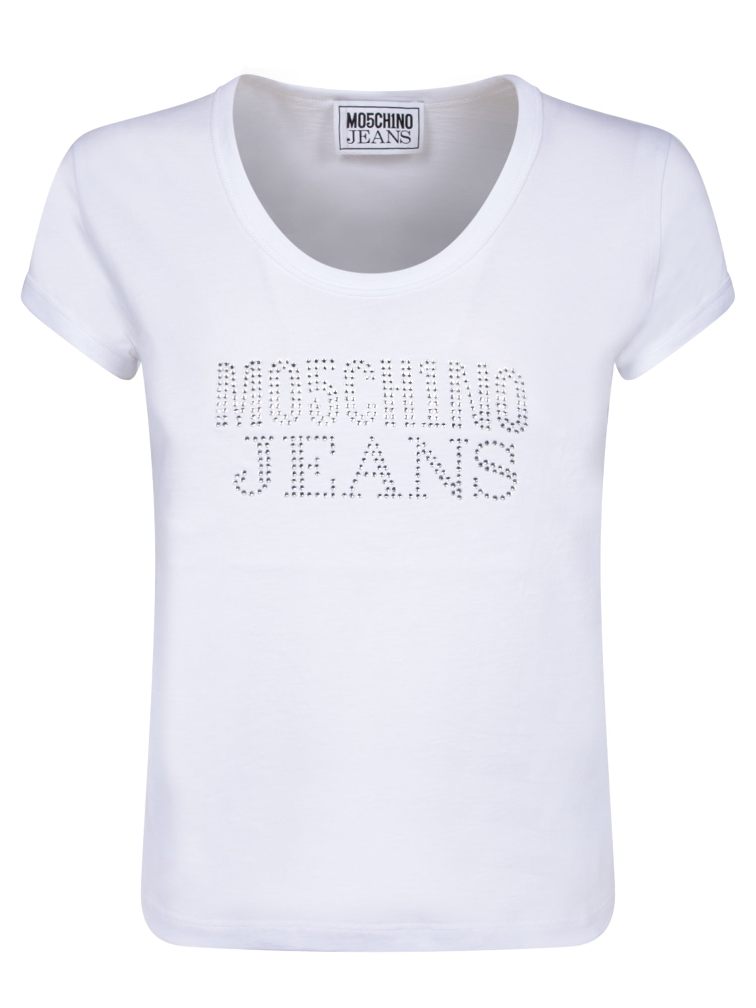 MOSCHINO 진 화이트 라인스톤 로고 티셔츠