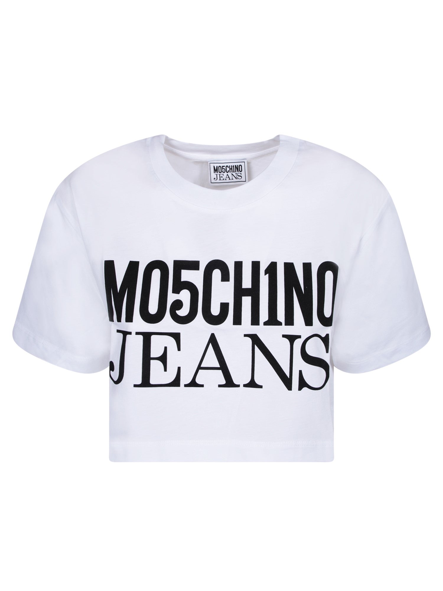 MOSCHINO 진 크롭 로고 화이트 티셔츠