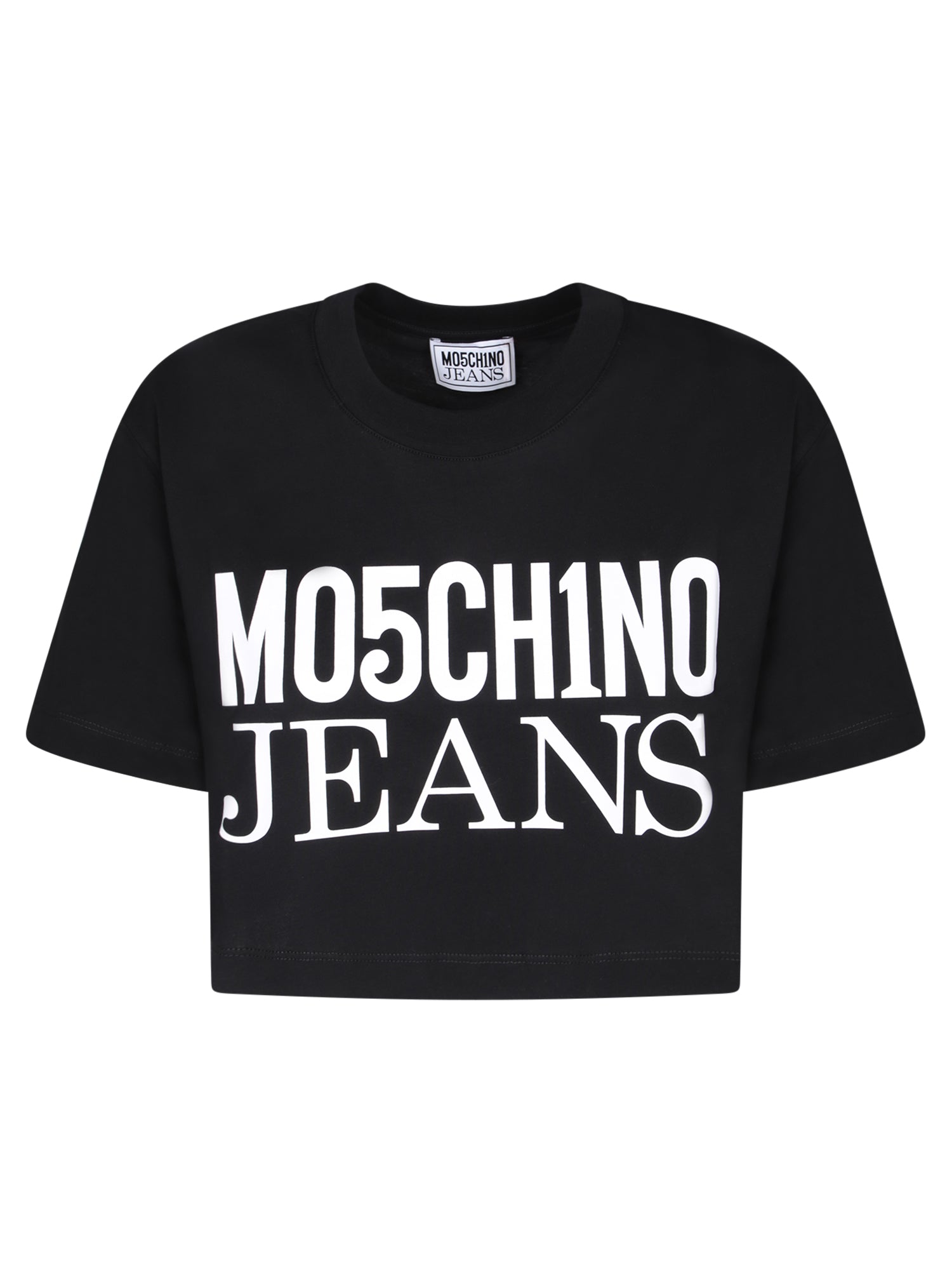 MOSCHINO 진 크롭 로고 블랙 티셔츠