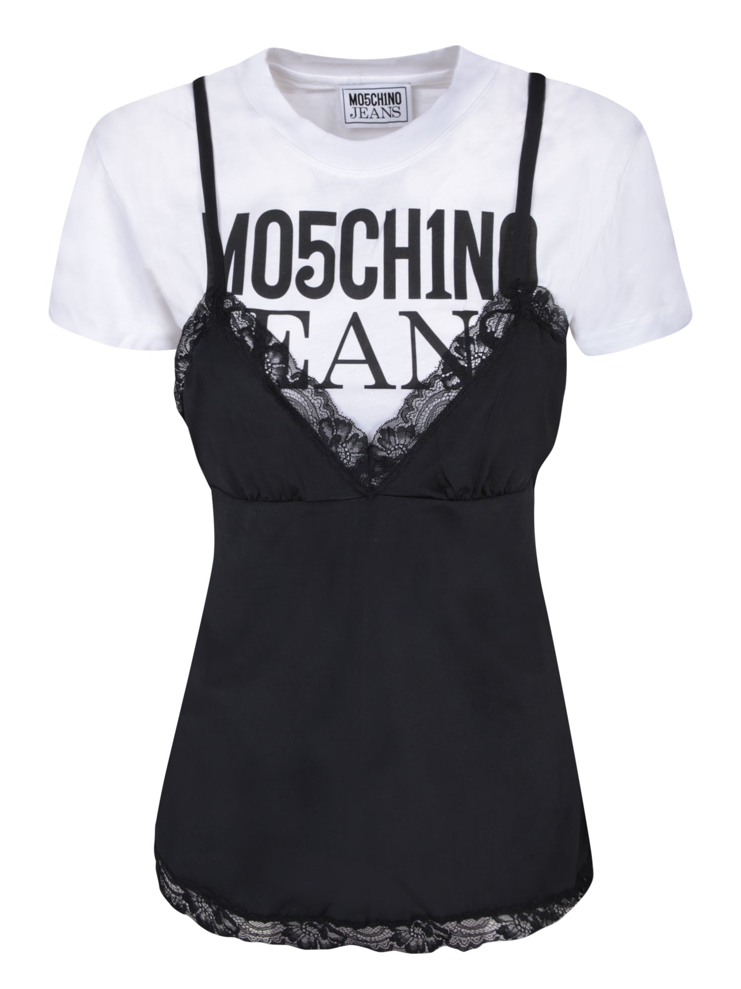 MOSCHINO 진 블랙 로고 티셔츠 위드 레이스 디테일