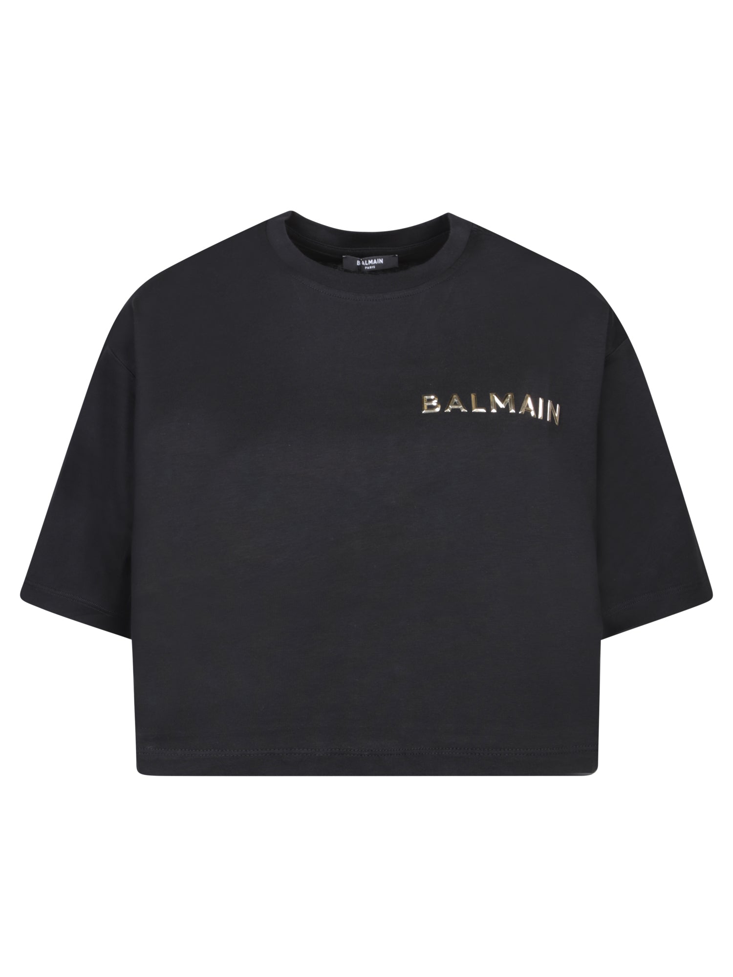 BALMAIN 블랙 크롭 로고 티셔츠