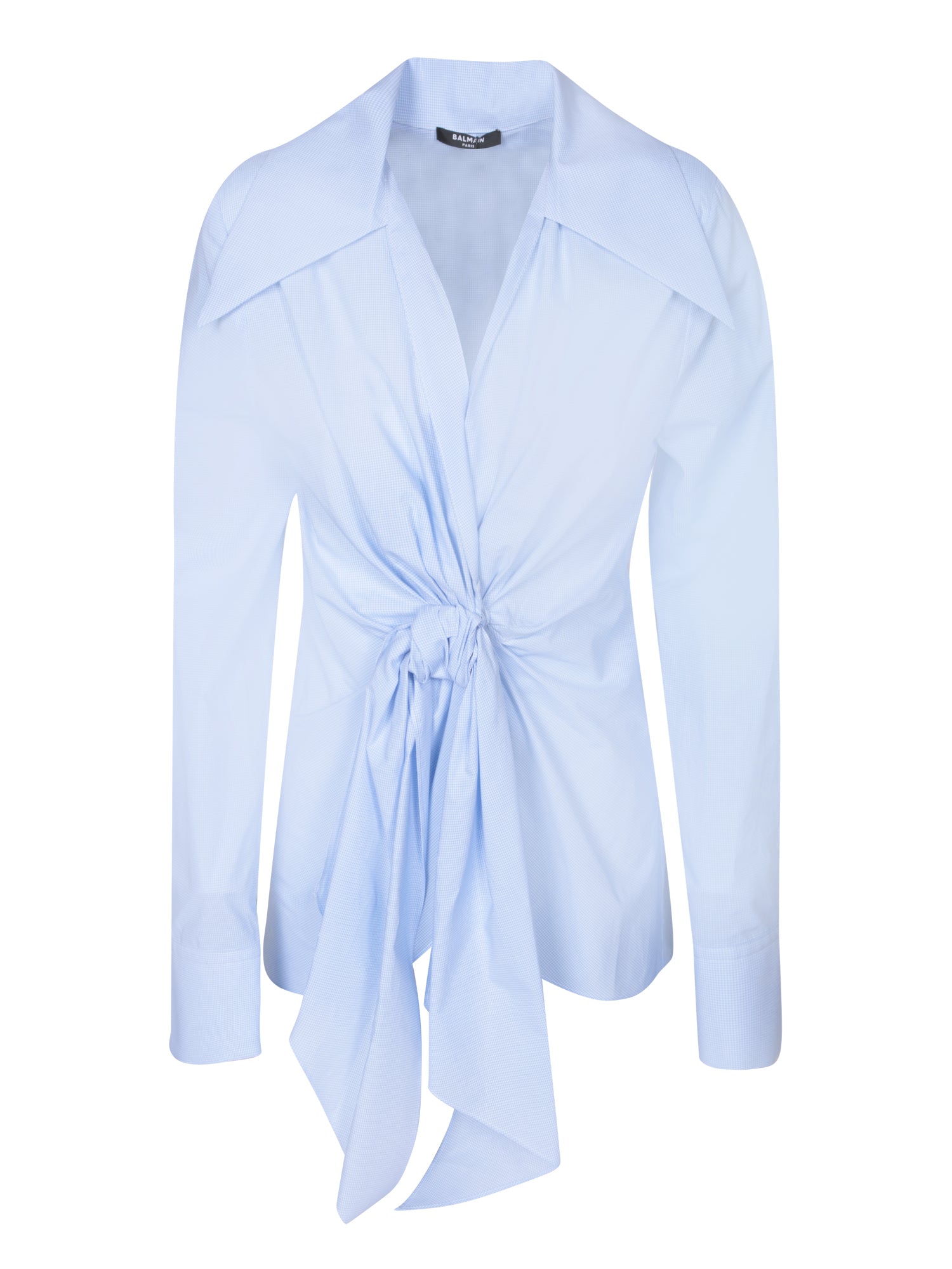 BALMAIN 라이트 블루 Vichy 포플린 보우 셔츠