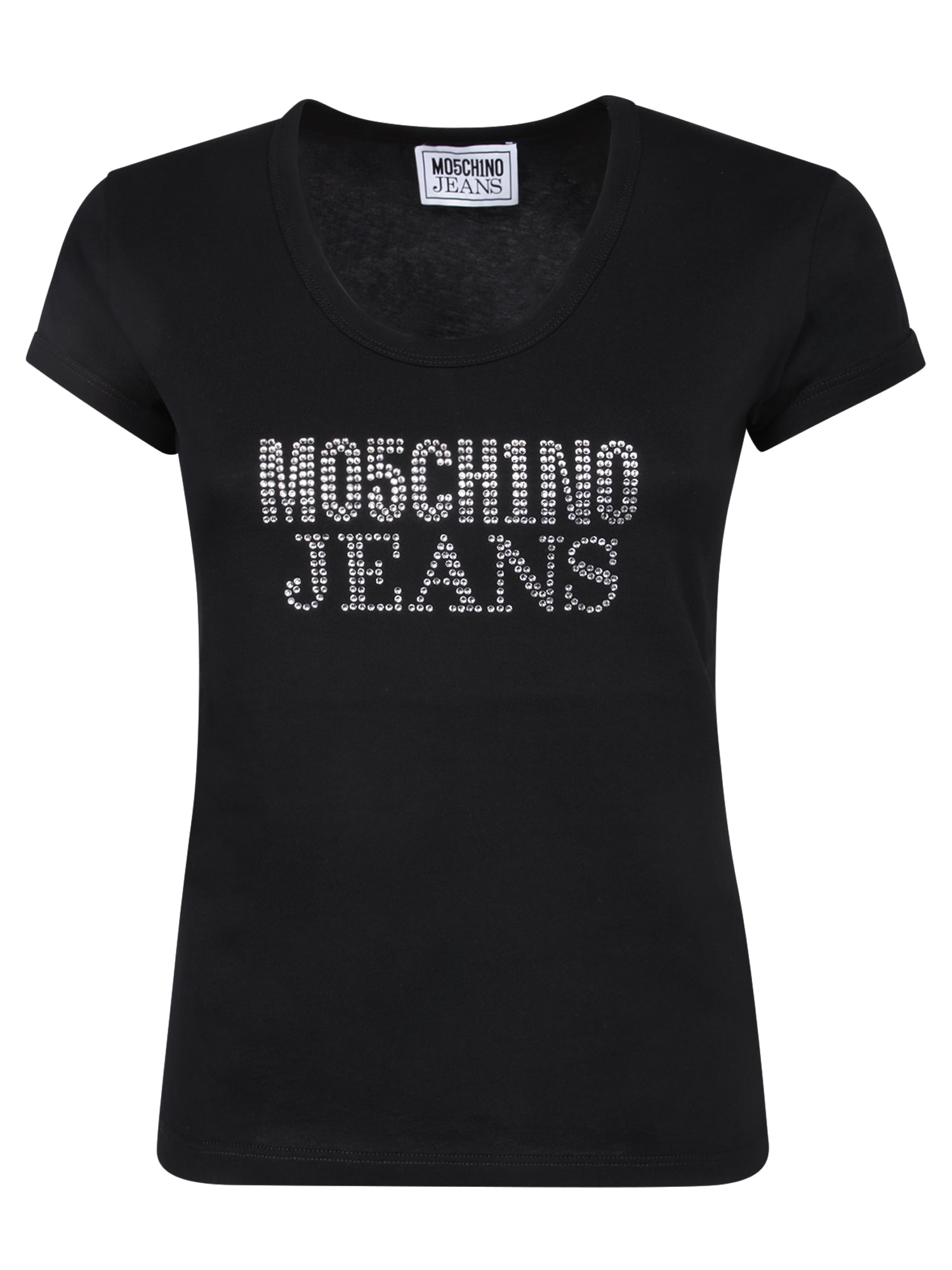MOSCHINO 진 블랙 라인스톤 로고 티셔츠
