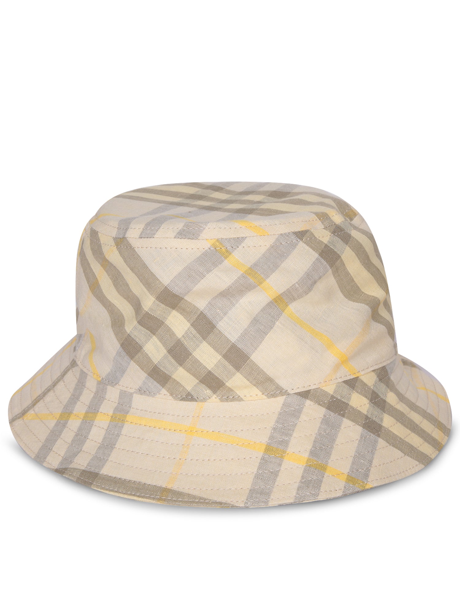 BURBERRY 베이지 체크 린넨 버킷 모자