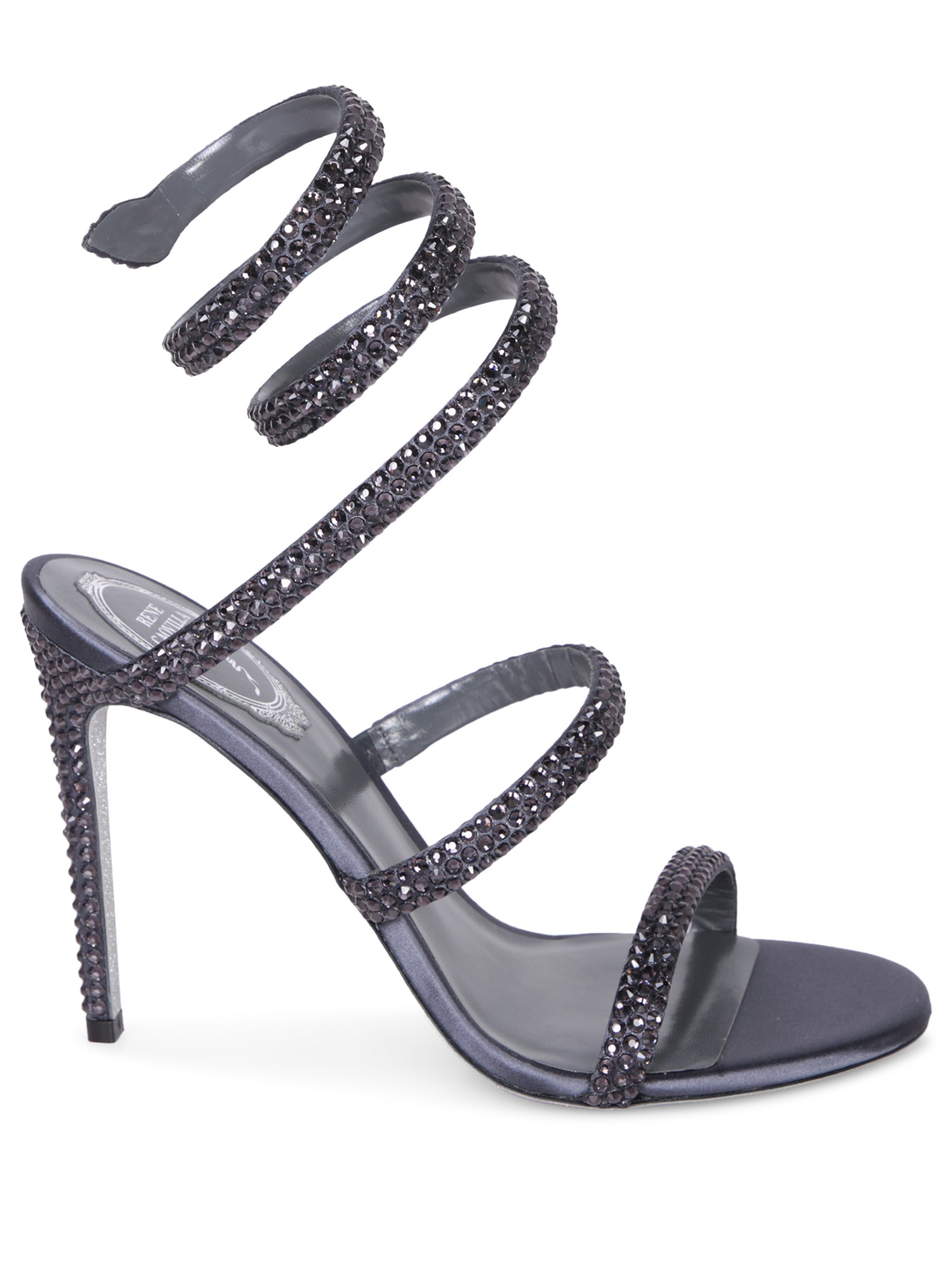 RENE CAOVILLA Cleo 샤틴 Strass 다크 그레이 샌들