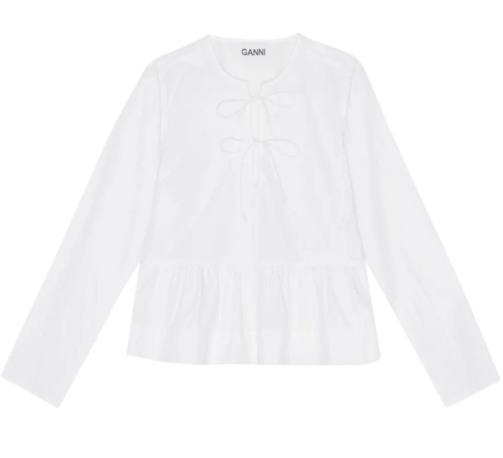 GANNI 코튼 포플린 타이 스트링 PEPLUM 블라우스 브라이트 화이트