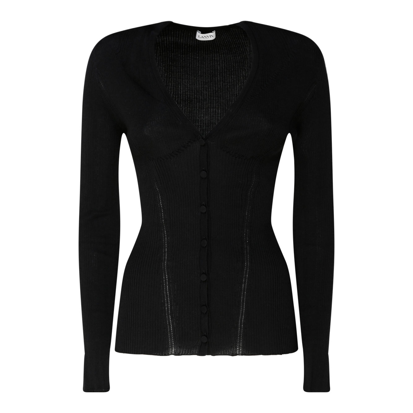 LANVIN 블랙 실크 골지 V 넥 가디건